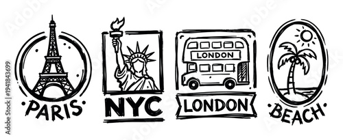 Four distinct hand-drawn travel icons depict famous global landmarks and a serene tropical beach, rendered in a bold black and white sketch style with a playful, artistic mood