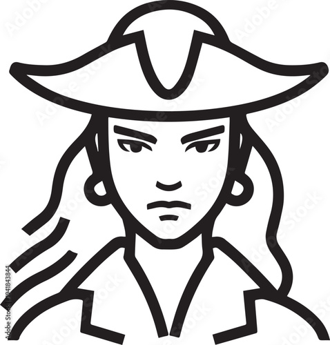 Hand Drawn Woman Pirate Black and White Avatar Illustration in Minimal Line Art Style Design