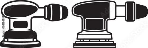 Two black random orbital sander icons, detailed outline illustration of a power tool