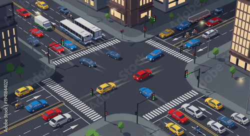 Isometric City Intersection with Heavy Traffic and Pedestrian Crossings.