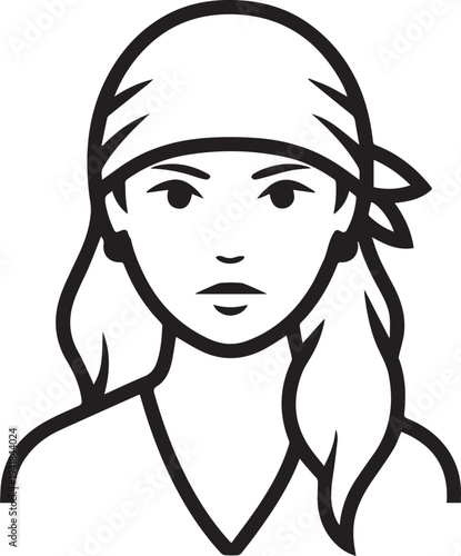 Hand Drawn Woman Pirate Black and White Avatar Illustration in Minimal Line Art Style Design