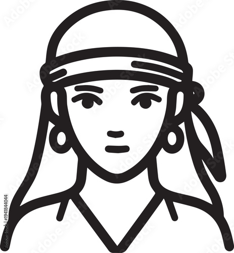 Hand Drawn Woman Pirate Black and White Avatar Illustration in Minimal Line Art Style Design