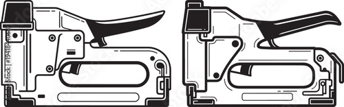 Two black staple gun icons, detailed outline illustration of a hand tool