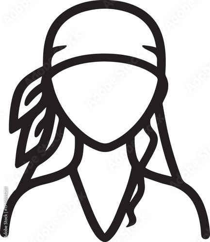 Hand Drawn Woman Pirate Black and White Avatar Illustration in Minimal Line Art Style Design