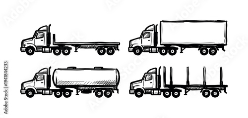 Collection of four hand-drawn semi-trucks including a flatbed, tanker, box, and logging trailer in a black and white sketch style illustration showing a side profile view