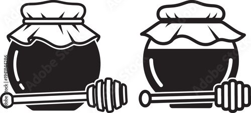 Two black icons of honey jars with dippers, representing sweet food or natural products