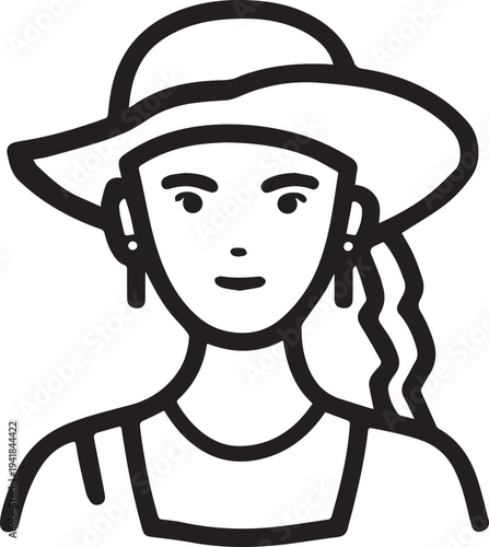 Hand Drawn Woman Pirate Black and White Avatar Illustration in Minimal Line Art Style Design