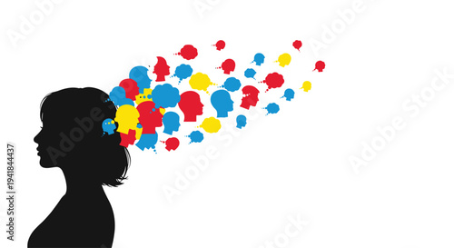 A black female head silhouette in profile has a stream of small, colorful head silhouettes, resembling speech bubbles, emerging from her mind against a plain white background.