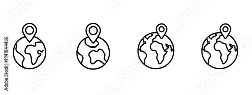 Globe and location pin outline icon set featuring world map and earth navigation for global travel and address positioning and more vector illustration or editable stroke
