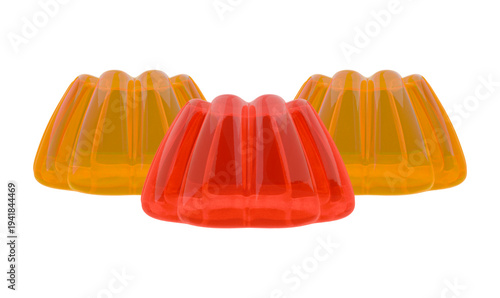 Sweet red and orange jelly desserts on white background.
