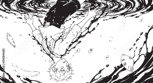 Vector illustration of a person drowning in water, black and white