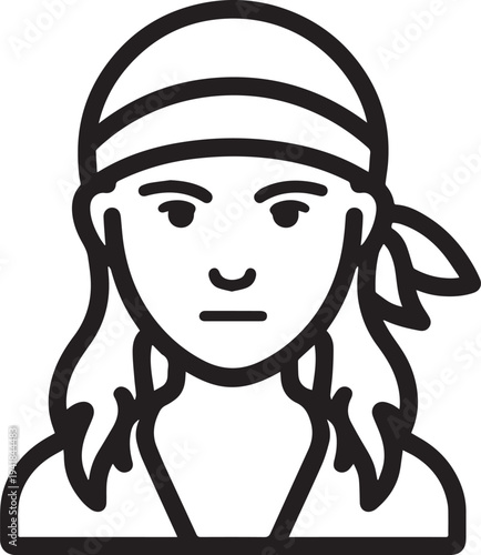 Hand Drawn Woman Pirate Black and White Avatar Illustration in Minimal Line Art Style Design