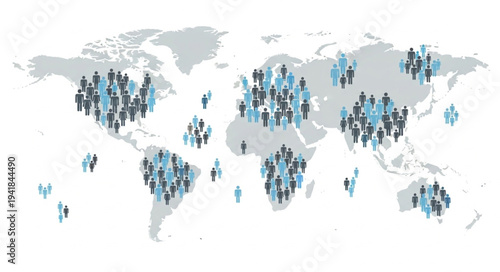 Global Population Distribution on World Map with People Icons.