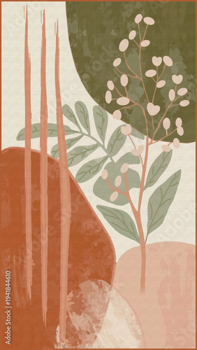 Abstract Botanical Wall Art with Earthy Shapes and Plant Branches