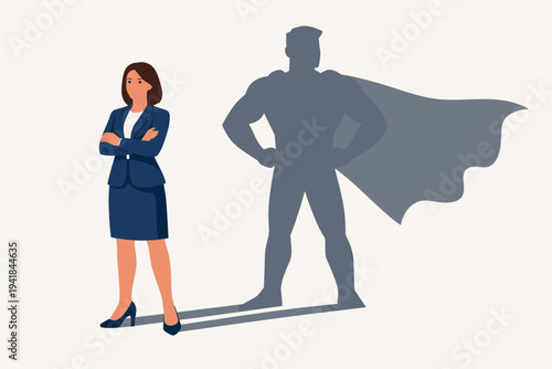 Confident Businesswoman in Blue Suit Standing with Arms Crossed Casting a Powerful Superhero Shadow with a Cape, Concept of Inner Strength, Leadership, Empowerment, Ambition, and Professional Success