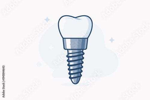 Professional dental implant vector illustration with a white ceramic crown and titanium screw post, isolated on a clean background for dentistry, oral surgery, and tooth replacement concepts.
