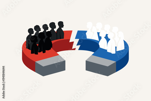 Conceptual vector illustration of a divided society with black and white people on a broken magnet, representing social polarization, political conflict, racial tension, and ideological split.