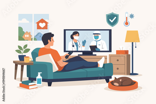 Vector illustration of a man sitting on a couch at home watching news or a medical broadcast with doctors giving health advice for quarantine, self-isolation, and virus prevention measures.