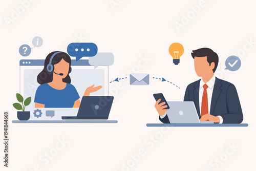 Customer Service Representative Assisting Businessman Online with Technical Support and Problem Solving via Video Call Email and Messaging Flat Vector Illustration for Business Communication