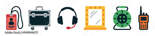 Set of colorful flat vector icons representing film production equipment including a crew badge, flight case, headset, vanity mirror, stage light, and walkie-talkie