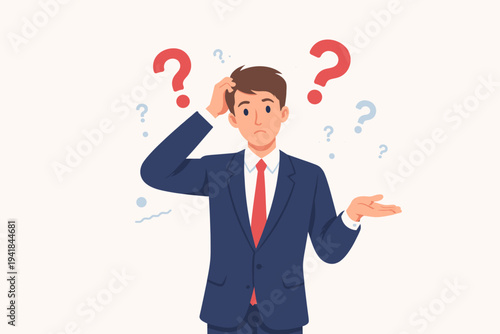 Confused businessman in professional blue suit scratching head with red and blue question marks, concept of doubt, uncertainty, problem solving, and decision making, flat vector illustration.