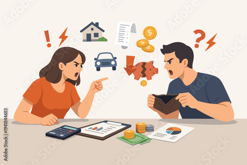 Angry Couple Arguing Over Family Budget and Financial Problems with Empty Wallet Broken Piggy Bank and Bills Vector Illustration of Man and Woman Fighting About Money Debt and High Expenses