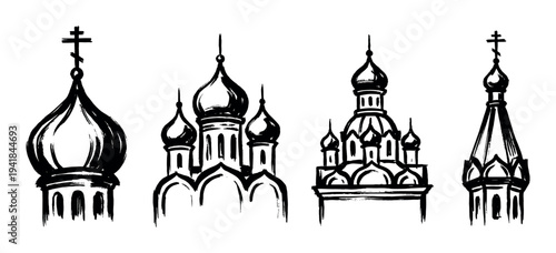 Orthodox church domes and towers with crosses in a set of four black ink brushstroke illustrations, showcasing a hand-drawn, minimalist, and graphic sketch style