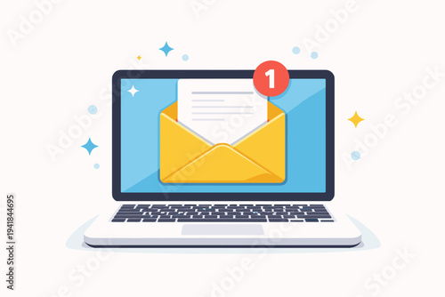 Flat Vector Illustration of a Laptop Computer with a Yellow Email Envelope Icon and a Red Notification Badge on the Screen, Representing Digital Communication, Inbox Messages, and Newsletters.