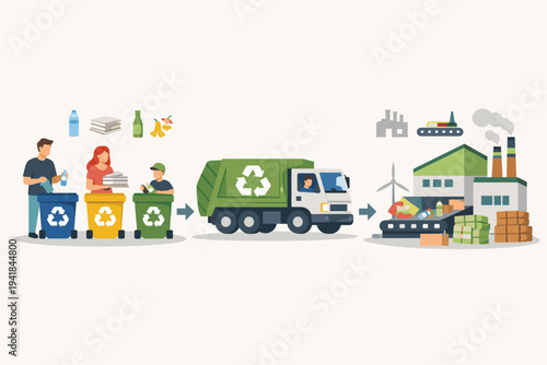 Detailed vector illustration of the recycling process showing people sorting waste into bins, a garbage truck transporting materials, and a factory processing trash for a sustainable environment.