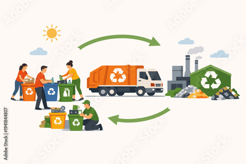 Vector illustration of the recycling process cycle with people sorting garbage into colorful bins, a waste management truck transporting materials to a factory for sustainable processing.