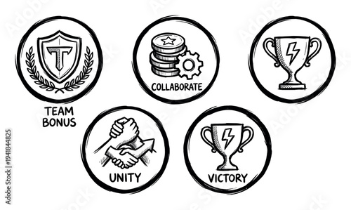 Set of five hand-drawn icons representing teamwork, collaboration, unity, and victory in a sketchy black and white doodle style for business concept presentations