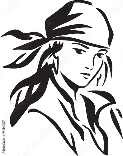 Hand Drawn Woman Pirate Black and White Avatar Illustration in Minimal Line Art Style Design
