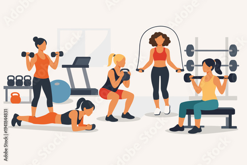 Group of diverse women exercising in a modern gym with fitness equipment like dumbbells, kettlebells, skipping rope, barbell, treadmill, and yoga ball flat vector illustration for health concept.
