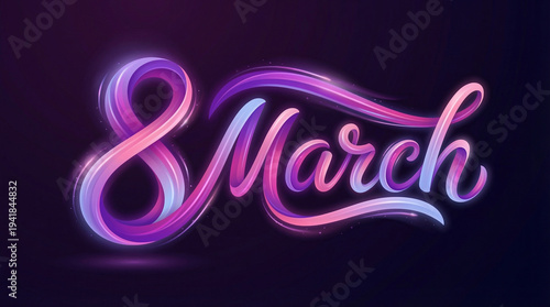 International Womens Day March 8th Glowing Purple Pink Text