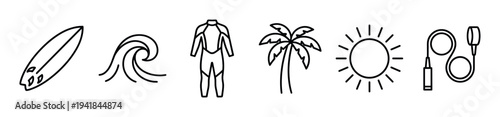 Set of black line art icons for surfing and beach lifestyle themes, including a surfboard, wave, wetsuit, palm tree, sun, and leash in a minimalist vector style