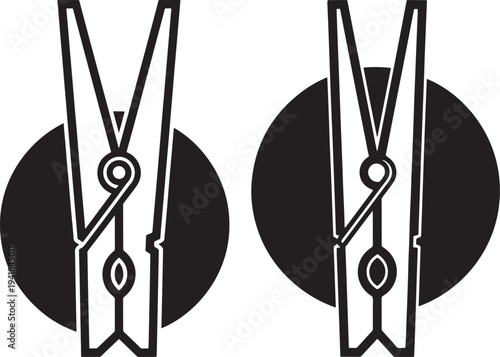 Two black clothespin icons with circles behind them, minimalist graphic illustration