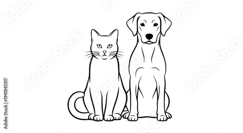 Cat and dog sitting side by side silhouette, black and white vector illustration, elegant pet silhouette, smooth curves, isolated on white background, minimal graphic design, pet companionship