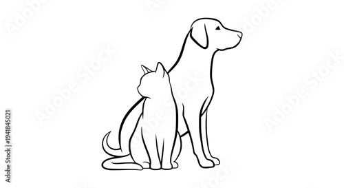 Cat and dog sitting side by side silhouette, black and white vector illustration, elegant pet silhouette, smooth curves, isolated on white background, minimal graphic design, pet companionship