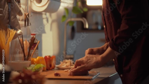 A man's hands skillfully cut raw meat into manageable pieces to prepare a roast dish for dinner, transitioning from a day of work to a warm evening of braised or possibly fried meat delights