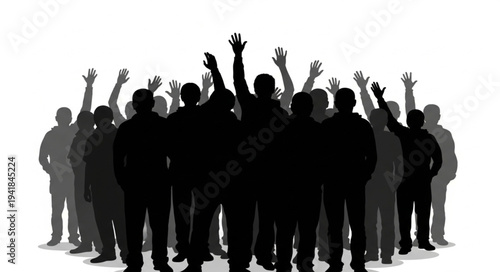 Silhouetted Crowd Raising Hands in Unity and Celebration.