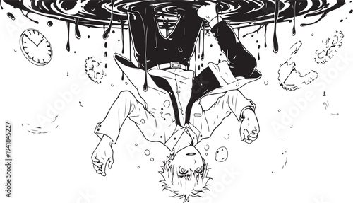 Vector illustration of man falling upside down with clocks and objects