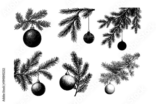 Hand-drawn fir branches with hanging baubles in detailed ink style on white background, representing classic holiday and winter decoration
