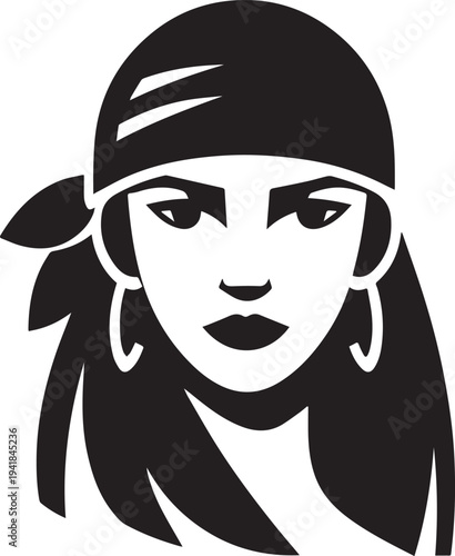 Hand Drawn Woman Pirate Black and White Avatar Illustration in Minimal Line Art Style Design