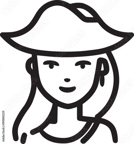 Hand Drawn Woman Pirate Black and White Avatar Illustration in Minimal Line Art Style Design