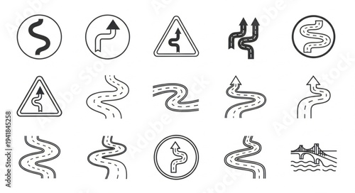 Collection of Winding Road and Curve Road Sign Illustrations.