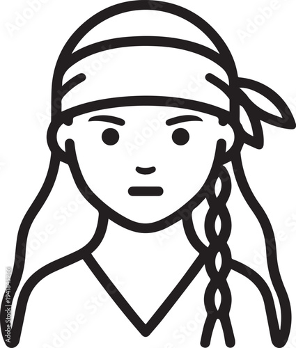 Hand Drawn Woman Pirate Black and White Avatar Illustration in Minimal Line Art Style Design
