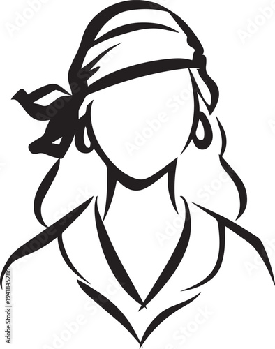 Hand Drawn Woman Pirate Black and White Avatar Illustration in Minimal Line Art Style Design