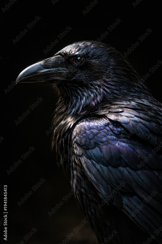 Fototapeta premium Close-up of a majestic raven showcasing its intricate feathers
