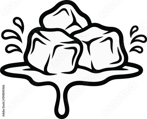 Three ice cubes melting and splashing on a white background