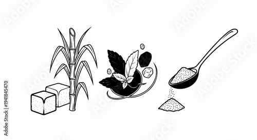 Three icons sugar cane with cubes, mint leaves with crystalline structures, spoon of sugar